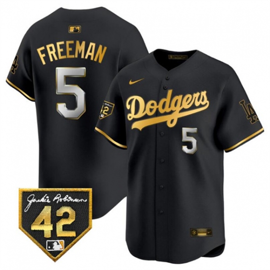 Men's Los Angeles Dodgers 5 Freddie Freeman Black Gold With Jackie Robinson Limited Stitched Baseball Jersey