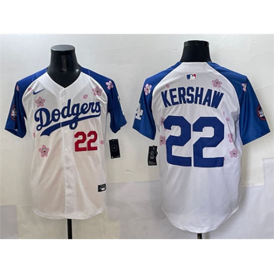Men's Los Angeles Dodgers 22 Clayton Kershaw White Royal 2025 Tokyo Series Limited Stitched Baseball Jersey