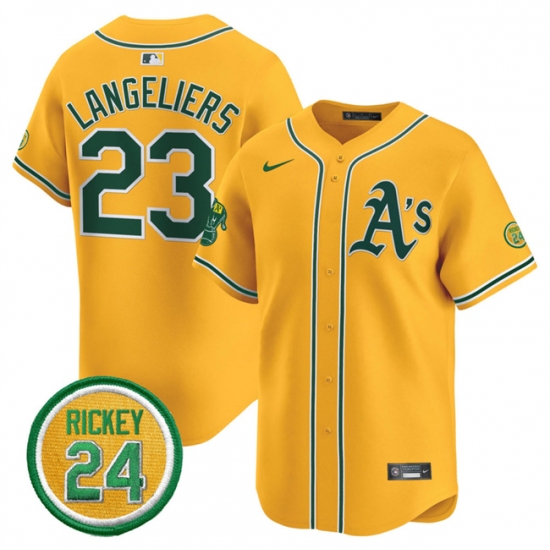 Men's Oakland Athletics 23 Shea Langeliers Yellow 2024 Limited With Rickey Henderson Stitched Jersey