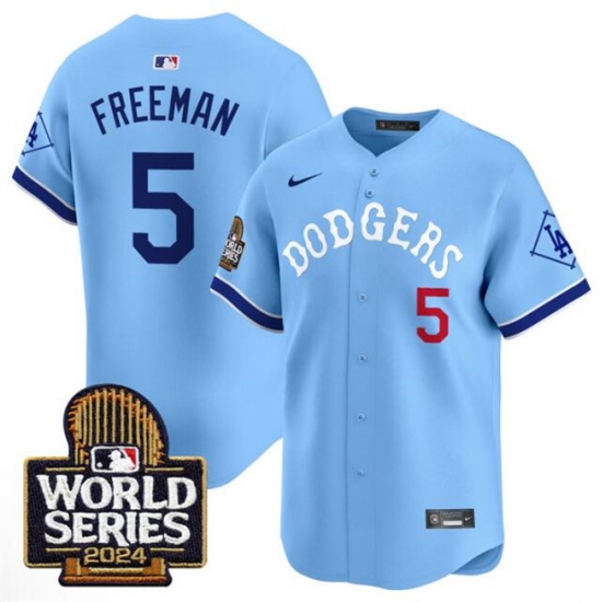 Men's Los Angeles Dodgers 5 Freddie Freeman Blue With 2024 World Series Vapor Premier Limited Stitched Baseball Jersey
