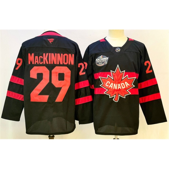 Men's Canada 29 Nathan MacKinnon Black 2025 4 Nations Face-Off Premium Stitched Jersey