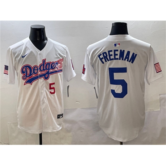 Men's Los Angeles Dodgers 5 Freddie Freeman White With American Flag Limited Stitched Baseball Jersey