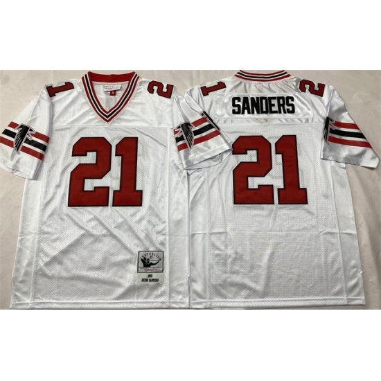 Men's Atlanta Falcons 21 Deion Sanders White Throwback Football Stitched Jersey