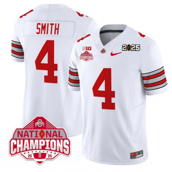 Men's Ohio State Buckeyes 4 Jeremiah Smith White 2025 CFP Final With National Champions F.U.S.E. Vapor Limited Stitched Football Jersey