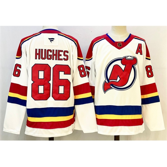 Men's New Jersey Devils 86 Jack Hughes White Red 2024-25 With A Stitched Hockey Jersey