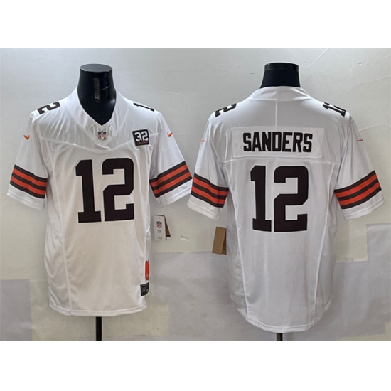 Men's Cleveland Browns 12 Shedeur Sanders White 2025 Draft F.U.S.E. With Jim Brown Memorial & Home Vapor Limited Football Stitched Jersey