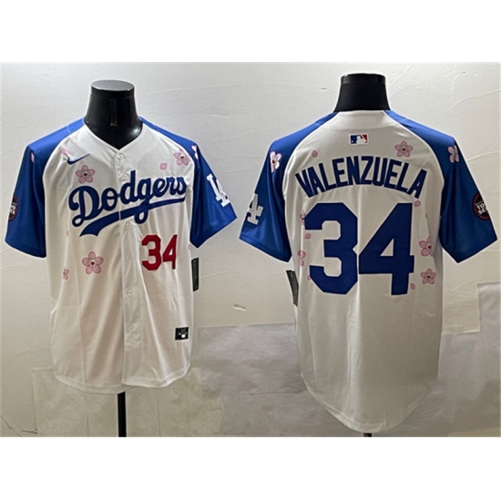Men's Los Angeles Dodgers 34 Fernando Valenzuela White Royal 2025 Tokyo Series Limited Stitched Baseball Jersey