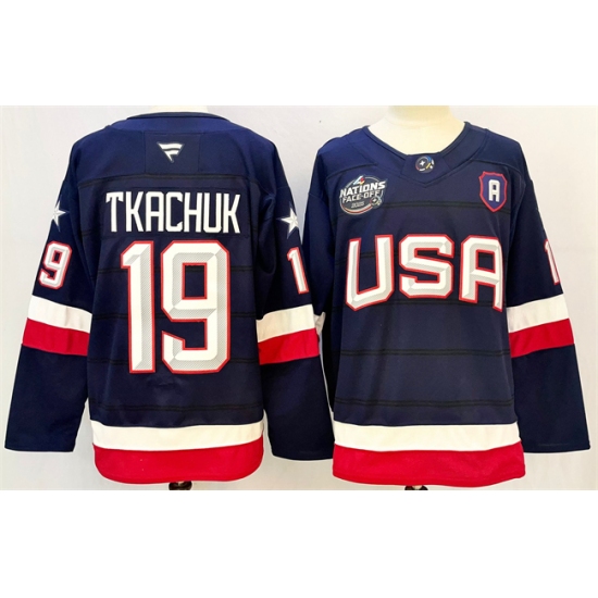 Men's USA 19 Matthew Tkachuk Navy 2025 With A 4 Nations Face-Off Stitched Jersey