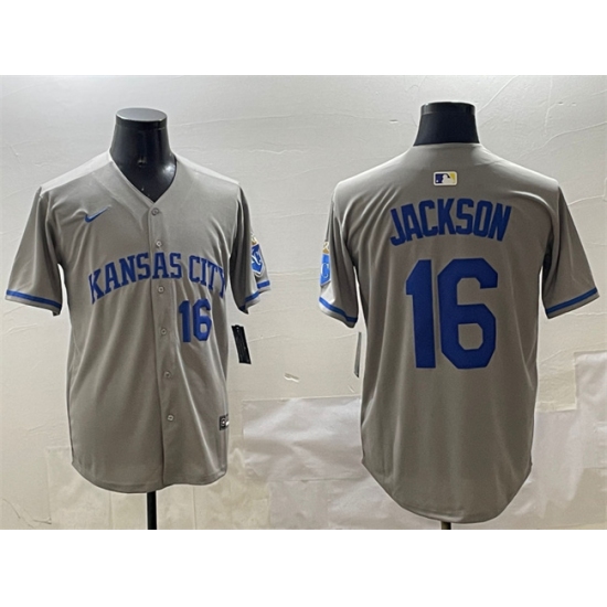 Men's Kansas City Royals 16 Bo Jackson Gray 2024 Away Limited Stitched Baseball Jersey