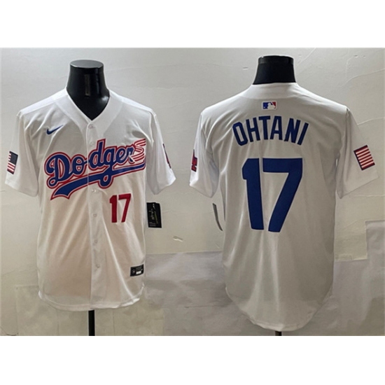 Men's Los Angeles Dodgers 17 Shohei Ohtani White With American Flag Limited Stitched Baseball Jersey