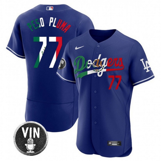 Men's Los Angeles Dodgers 77 Pezo Pluma Royal Mexico Special Vin Scully Flex Base Stitched Baseball Jersey