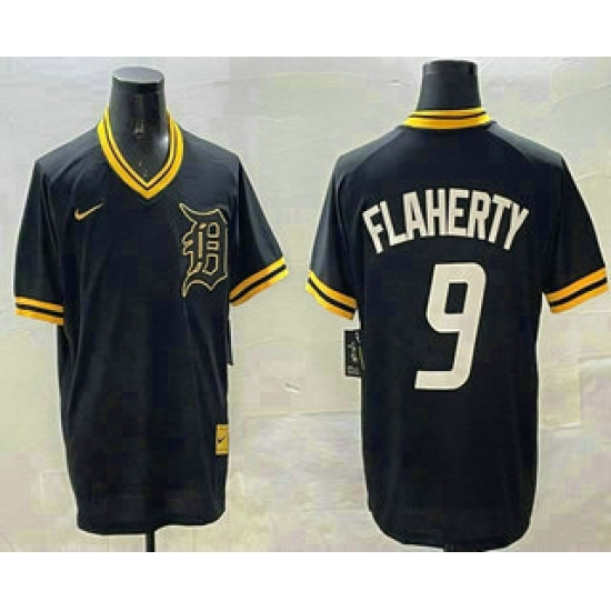 Men's Detroit Tigers 9 Jack Flaherty Black Gold Nike Cooperstown Legend V Neck Jersey