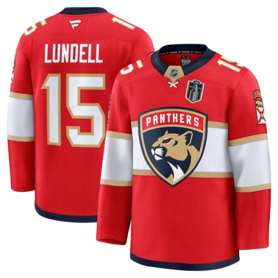 Men's Florida Panthers 15 Anton Lundell Red 2025 Stanley Cup Final Stitched Hockey Jersey
