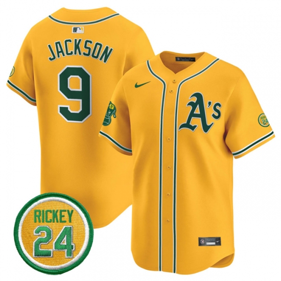 Men's Oakland Athletics 9 Reggie Jackson Yellow 2024 Limited With Rickey Henderson Stitched Jersey