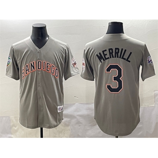 Men's San Diego Padres 3 Jackson Merrill Gray Fashion Throwback With Cool Base Stitched Jersey