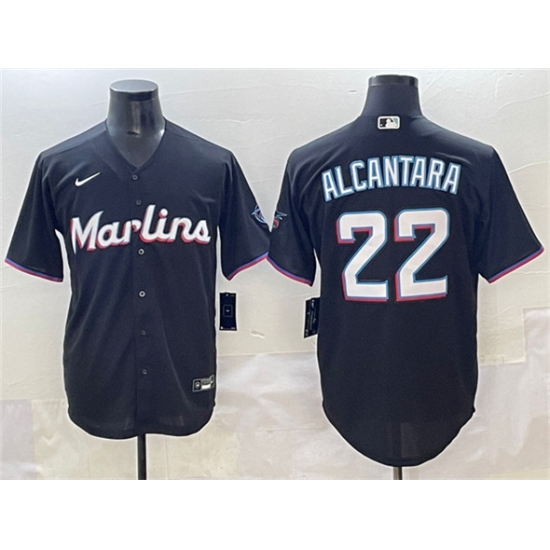 Men's Miami Marlins 22 Sandy Alcantara Black Cool Base Stitched Jersey