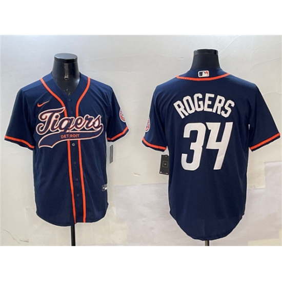 Men's Detroit Tigers 34 Jake Rogers Navy With Cool Base Stitched Baseball Jersey