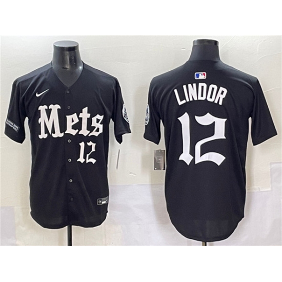 Men's New York Mets 12 Francisco Lindor Black 'Gotham Gothic Edition' Vapor Premier Limited Stitched Baseball Jersey