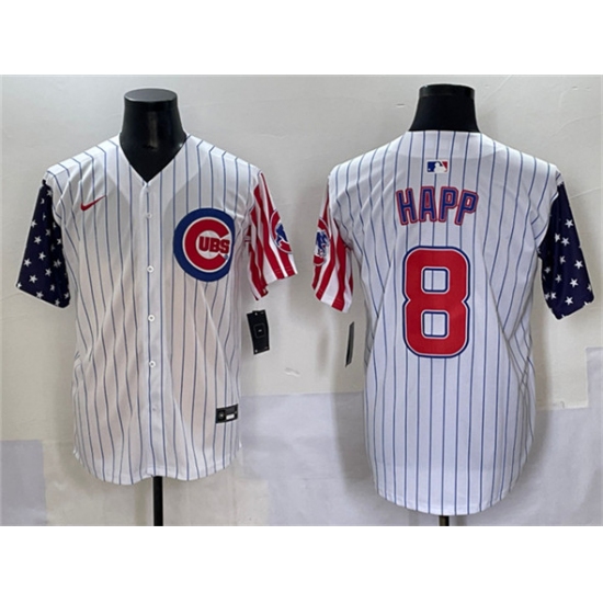 Men's Chicago Cubs 8 Ian Happ White Pinstripe 2025 Independence Day Vapor Premier Limited Stitched Baseball Jersey