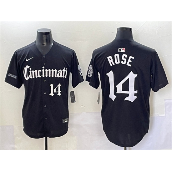 Men's Cincinnati Reds 14 Pete Rose Black 'Gothic Queen City Edition' Vapor Premier Limited Stitched Baseball Jersey