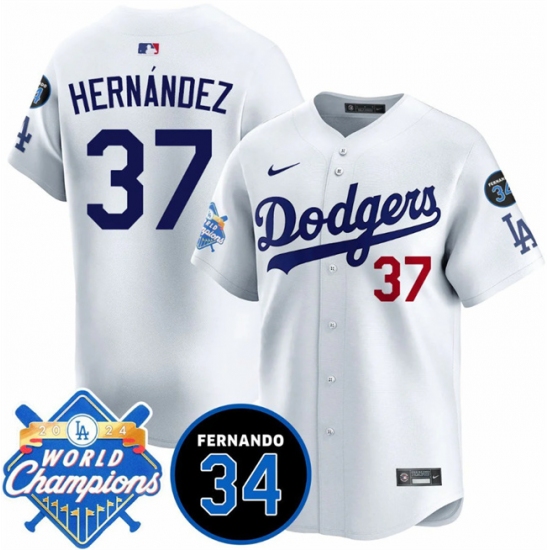 Men's Los Angeles Dodgers 37 Teoscar Hernandez White 2024 World Champions & Fernando Memorial Vapor Premier Home Limited Stitched Baseball Jersey