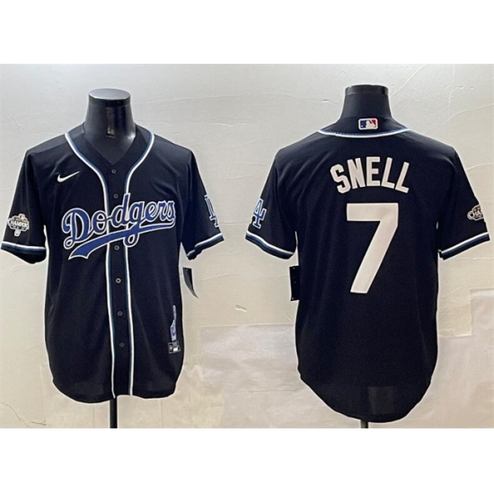 Mens Los Angeles Dodgers 7 Blake Snell Black 2024 World Series Champions Cool Base Stitched Baseball Jersey