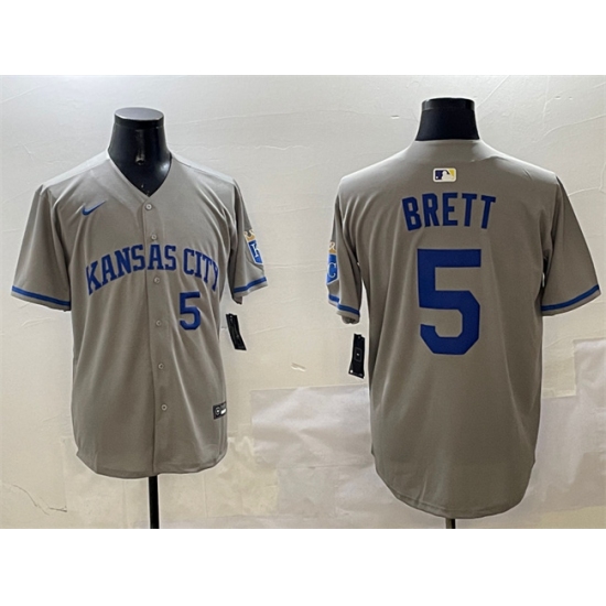 Men's Kansas City Royals 5 George Brett Gray 2024 Away Limited Stitched Baseball Jersey