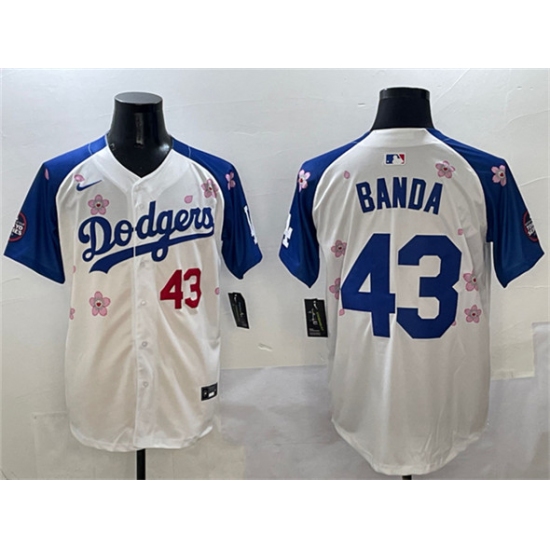 Men's Los Angeles Dodgers 43 Anthony Banda White Royal 2025 Tokyo Series Limited Stitched Baseball Jersey