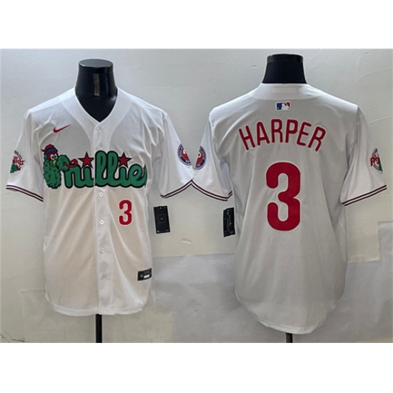 Mens Philadelphia Phillies 3 Bryce Harper White Phanatic Limited Stitched Jersey